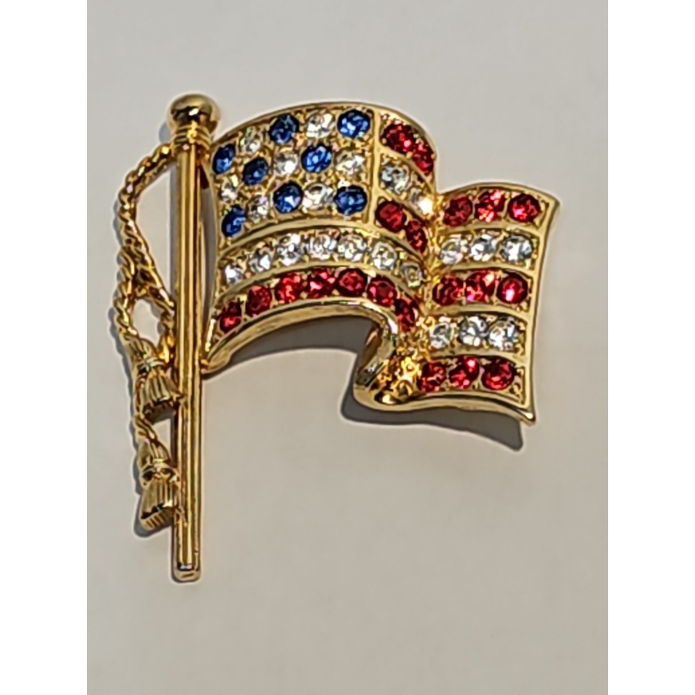 Vintage Napier Patriotic Sparkle Stone American Flag 1.75" Pin Brooch Gold Tone